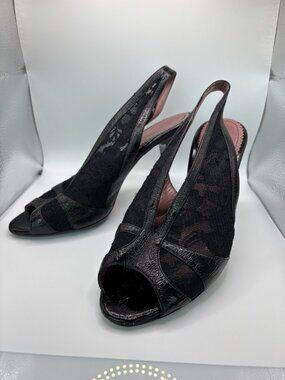 Jean-Michel Cazabat Black Leather Lace Peep Toe Slingback Heels FR 36.5 / US 6.5